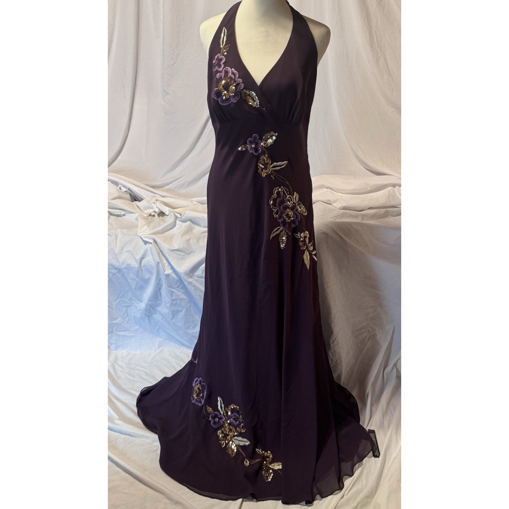 NWT Debut By Debenhams London Plum Embroidered Sequin Halter Evening Gown Size 8